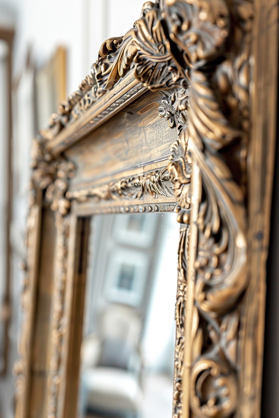 a medium-sized antique wall mirror, highly ornate hand-carved gilded frame with baroque floral detailing, visible patina