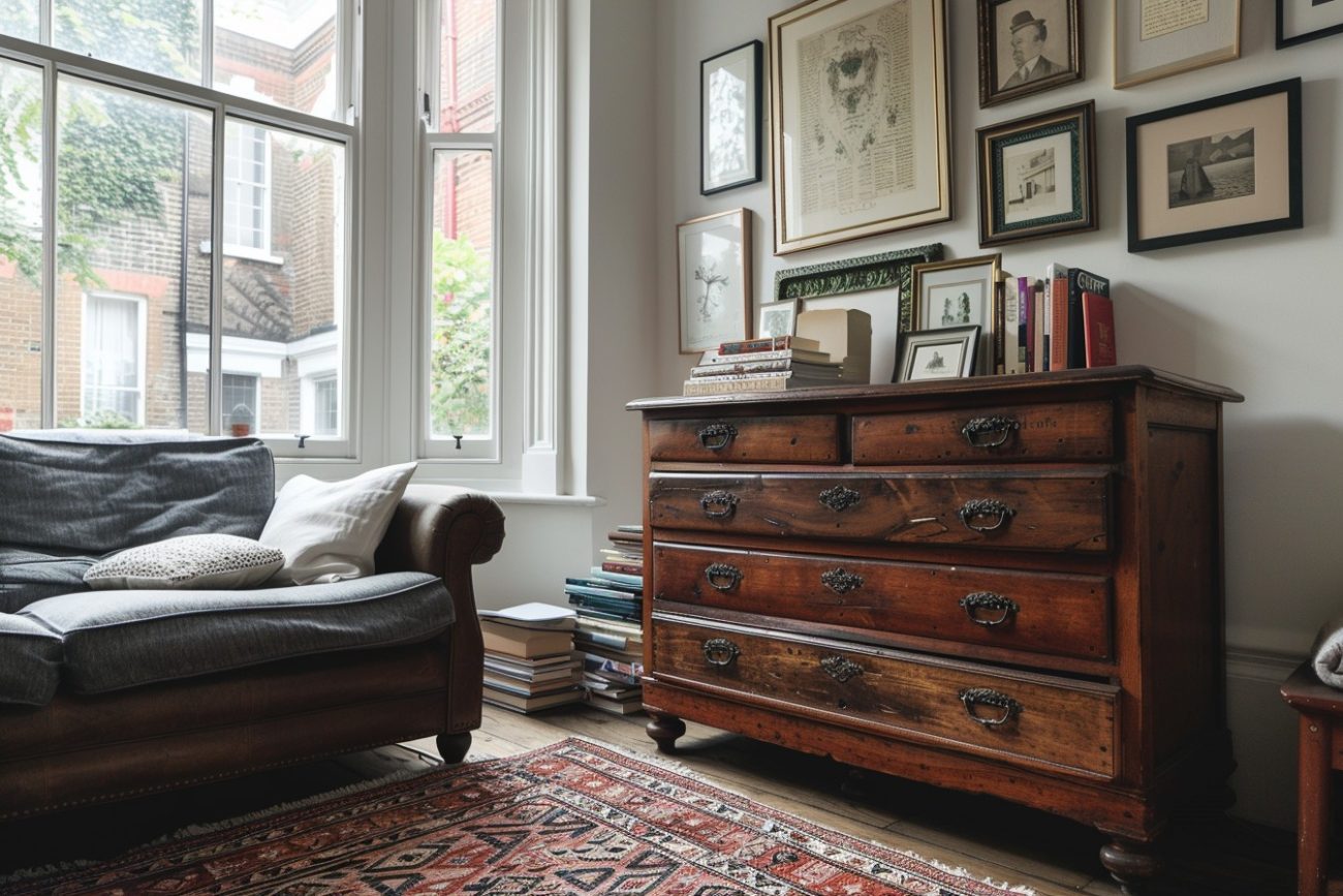 a beautifully lacquered Edwardian chest of drawers in a lived-in Victorian townhouse living room in Hampstead Heath, London